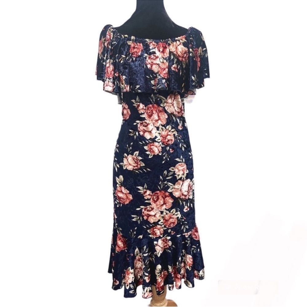 Navy Floral LuLaRoe Cici Off Shoulder Ruffled Hem Midi Dress M - Picture 13 of 16